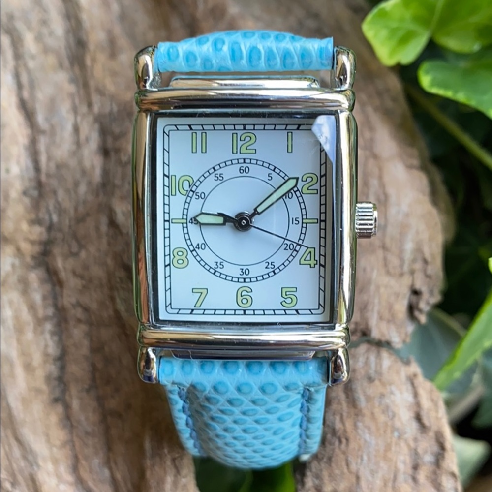 Vintage Y2K  Art Deco style watch silver case/Tiffany blue band/glow dial.